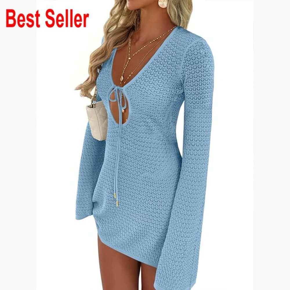 Crochet Mesh Knit Cover Up Dress Long Sleeve V Neck Loose Fit